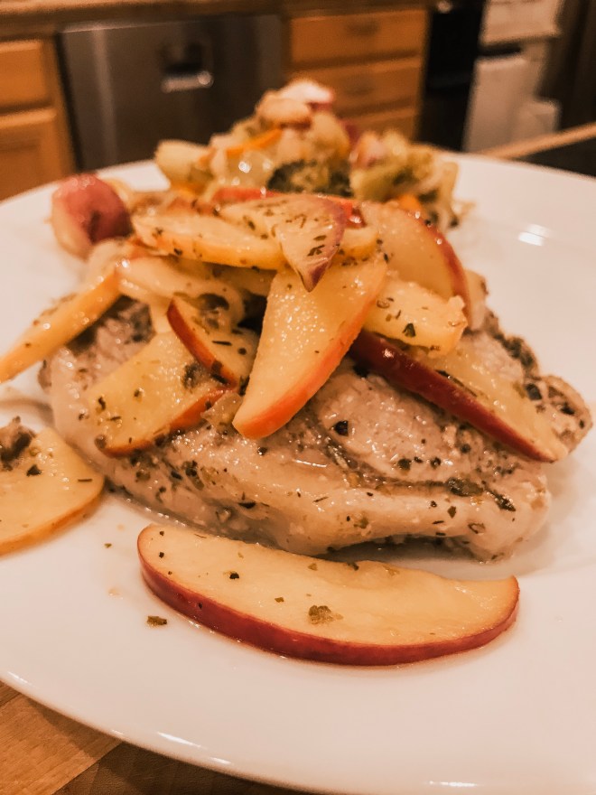 Pan fried pork chops and apples